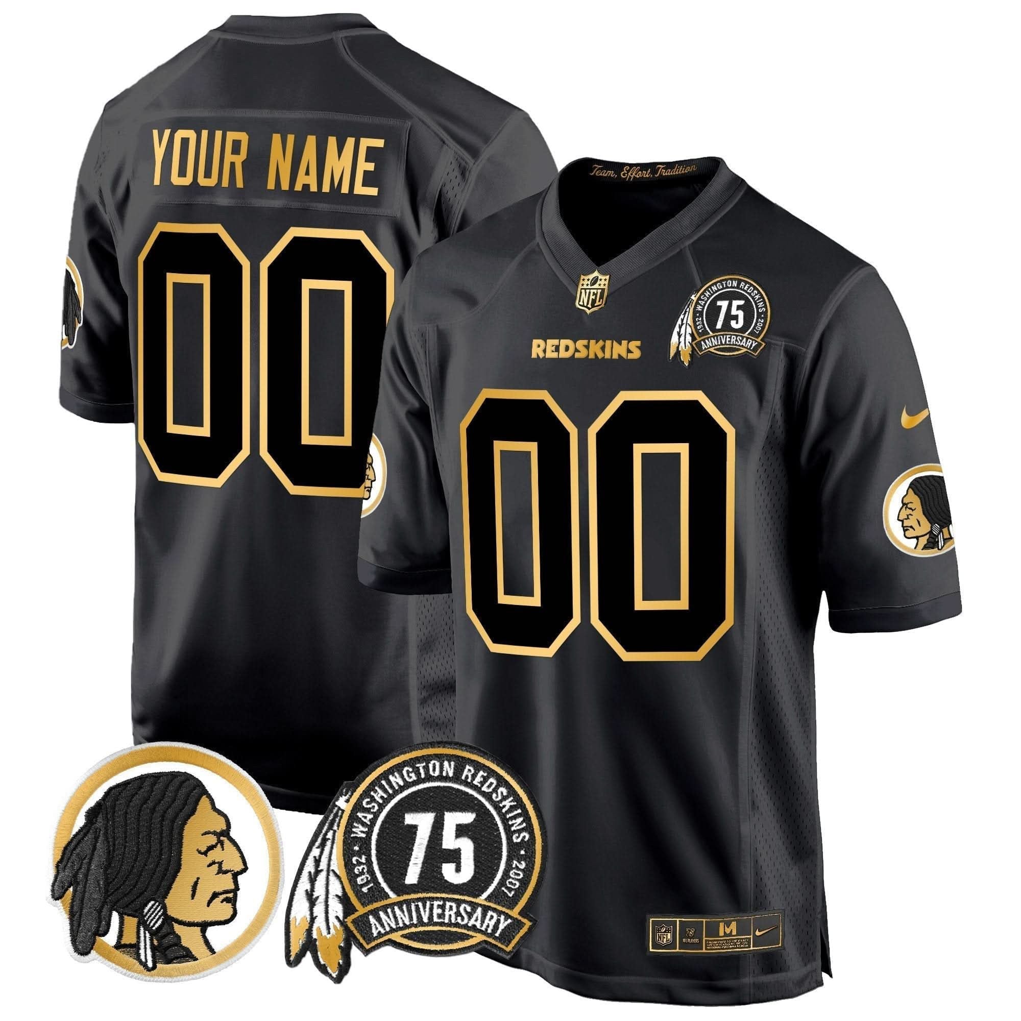 Washington Redskins 75th Patch Throwback Gold Game Custom Jersey - All Stitched