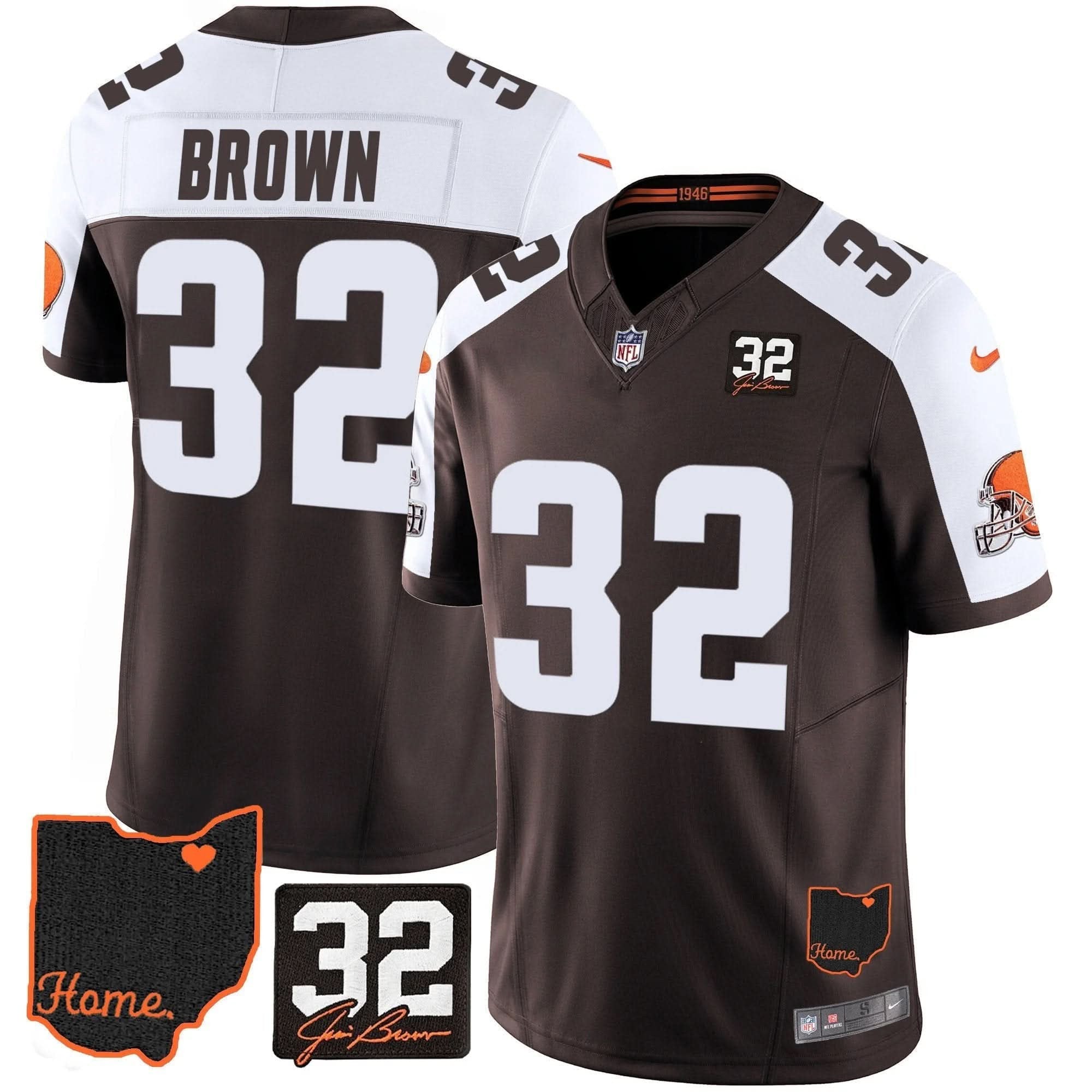 Browns #32 Jim Brown Memorial & Home Patch Jersey V3 - All Stitched